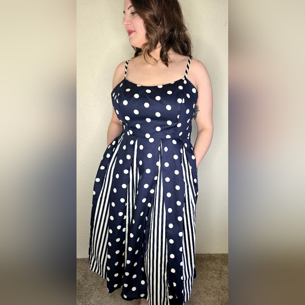 Modcloth Navy and White Polka Dot Midi Dress